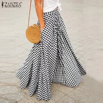 

ZANZEA 2020 Elegant Women's Check Skirts Autumn Pleated Long Vestidos Female Casual Back Zip Maxi Shirts Plus Size Faldas Saia