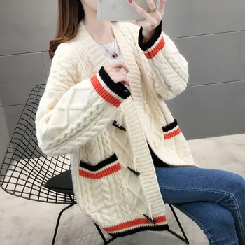 

2020 Autumn and Winter Sweater Cardigan New Style Stripes V-neck Mid-length Linen Flower Color Pocket Coat Cardigan Clothing