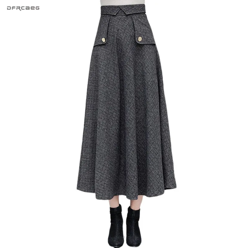 

High Waist Plaid Women's Warm Wool Maxi Skirts Winter Elegant Female Woolen A-Line Skirt Casual Ladies Saia Longa