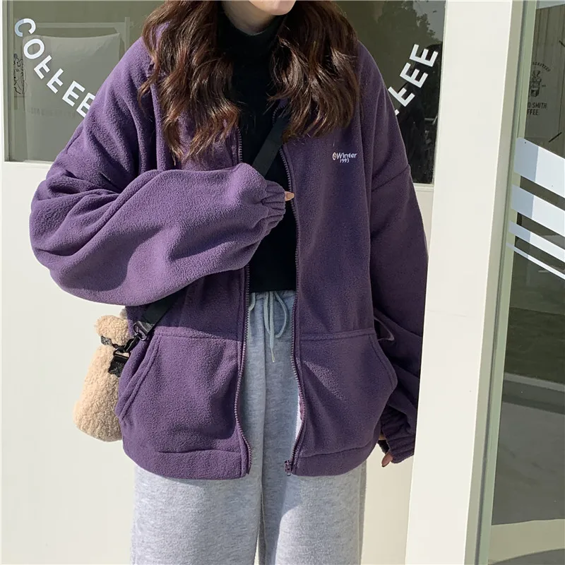 Jackets Women Loose Plus Velvet Zip-up Pockets Letter Casual Oversize BF Ulzzang Harajuku Daily Streetwear Womens Trendy New Hot