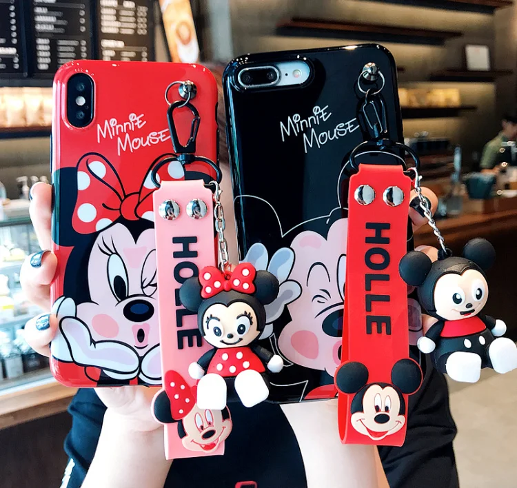 Super cute Mickey Minnie lanyard+silicone personality drop case for iphone 6 7 8 Plus X XR XS MAS phone cover capa