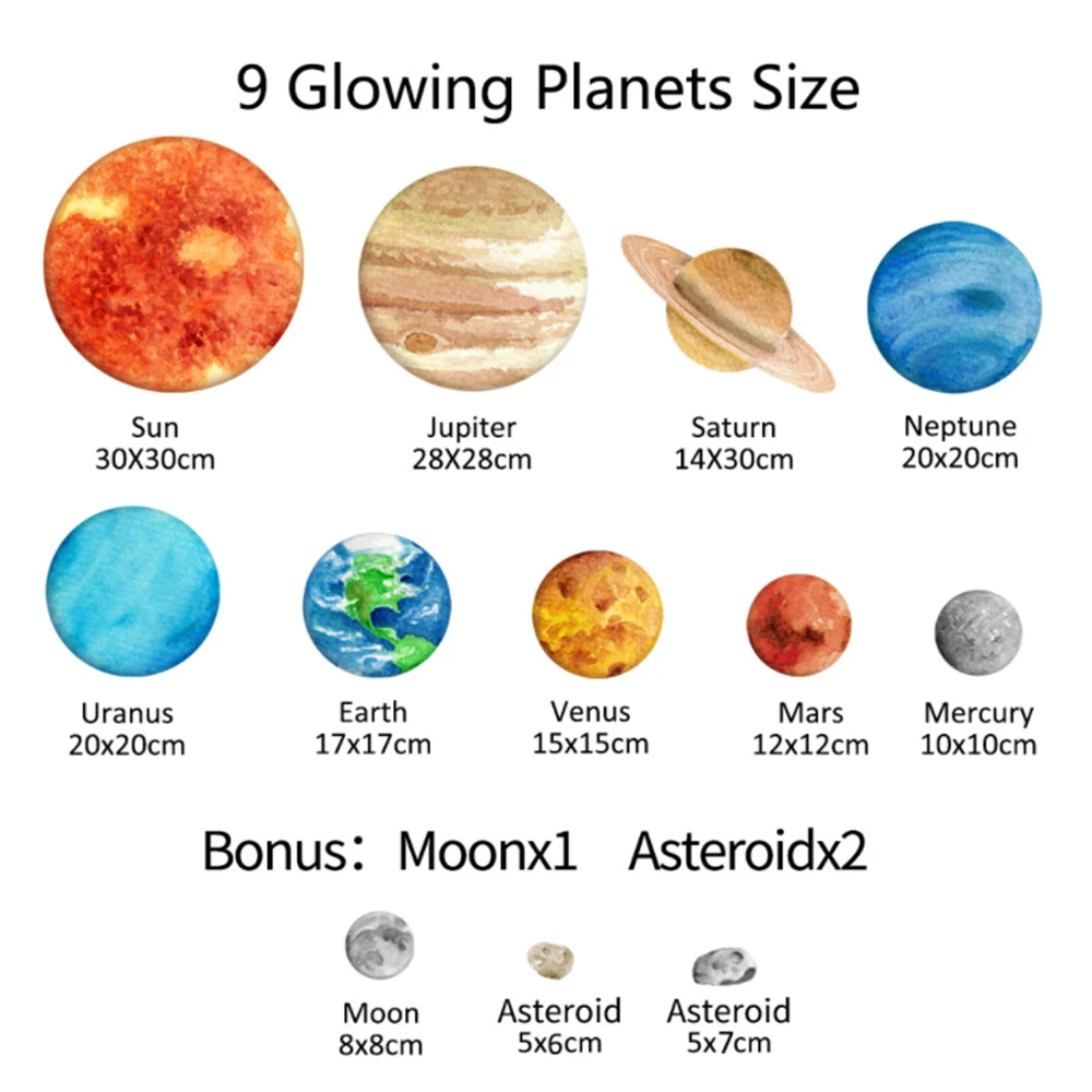 Bright Solar System Wall Stickers Glow in The Dark Sun with 9 Planets Glowing Ceiling Decals Shining Space Decoration for Home | Дом и сад