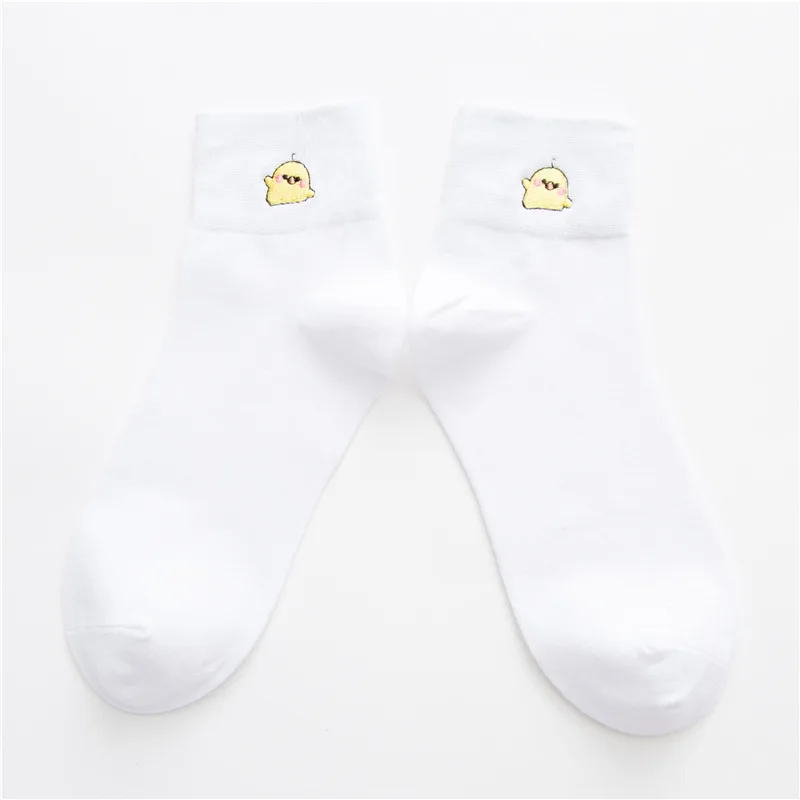 Women Socks Autumn Winter New Cotton Embroidery Cartoon Black White Tube Ladies College Wind Personality Casual Sports Sock - Color: White Chick