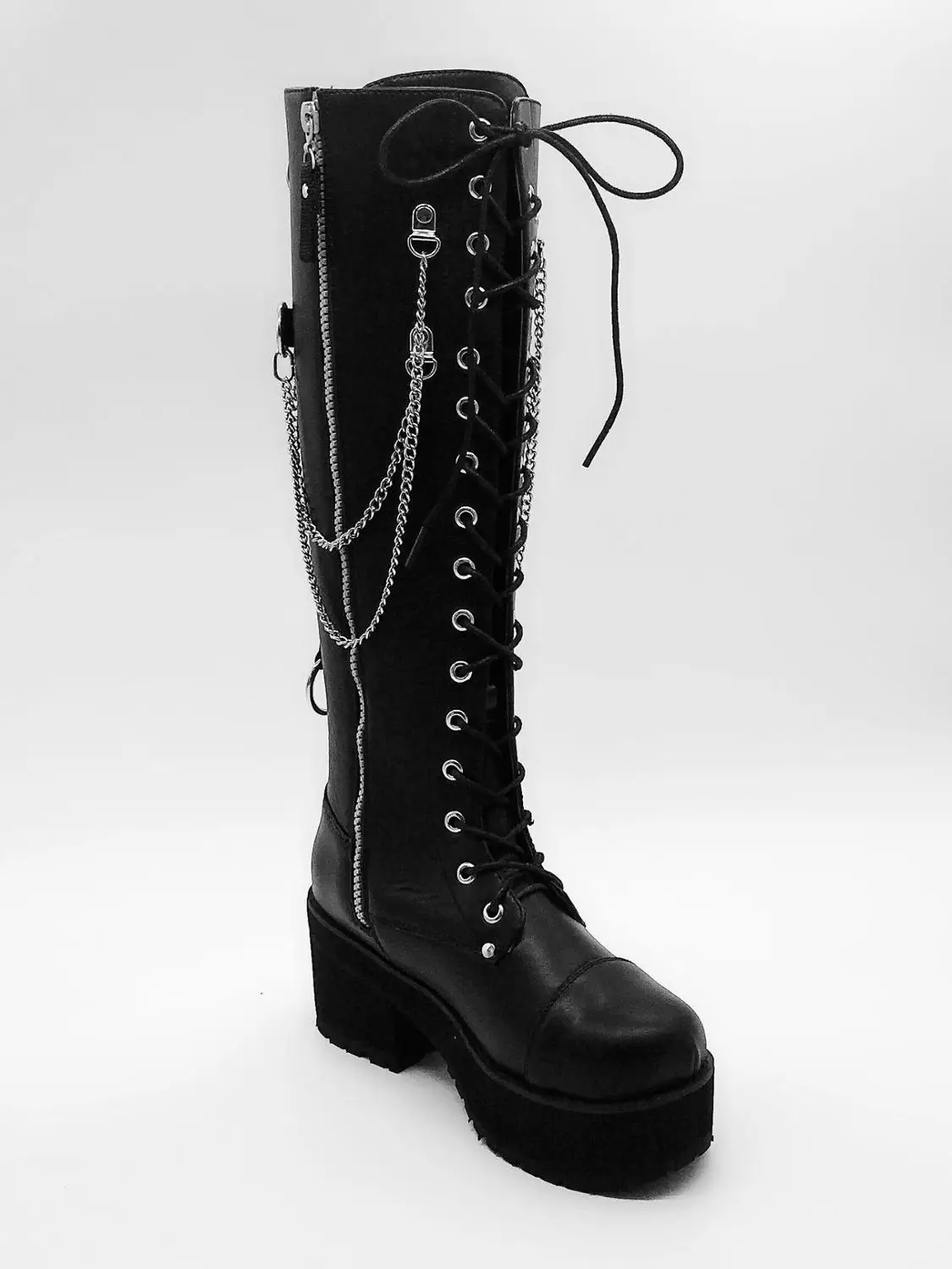 Женские черные сапоги до колена на платформе 8 см в стиле панк с цепочкой японском