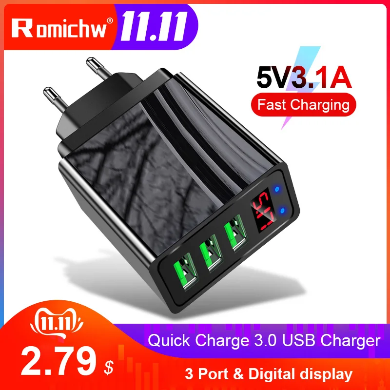 Romichw 3 порта USB зарядное устройство светодиодный дисплей EU US Plug QC 3,0 быстрое настенное зарядное устройство для мобильного телефона зарядное устройство для iPhone samsung Xiaomi huawei