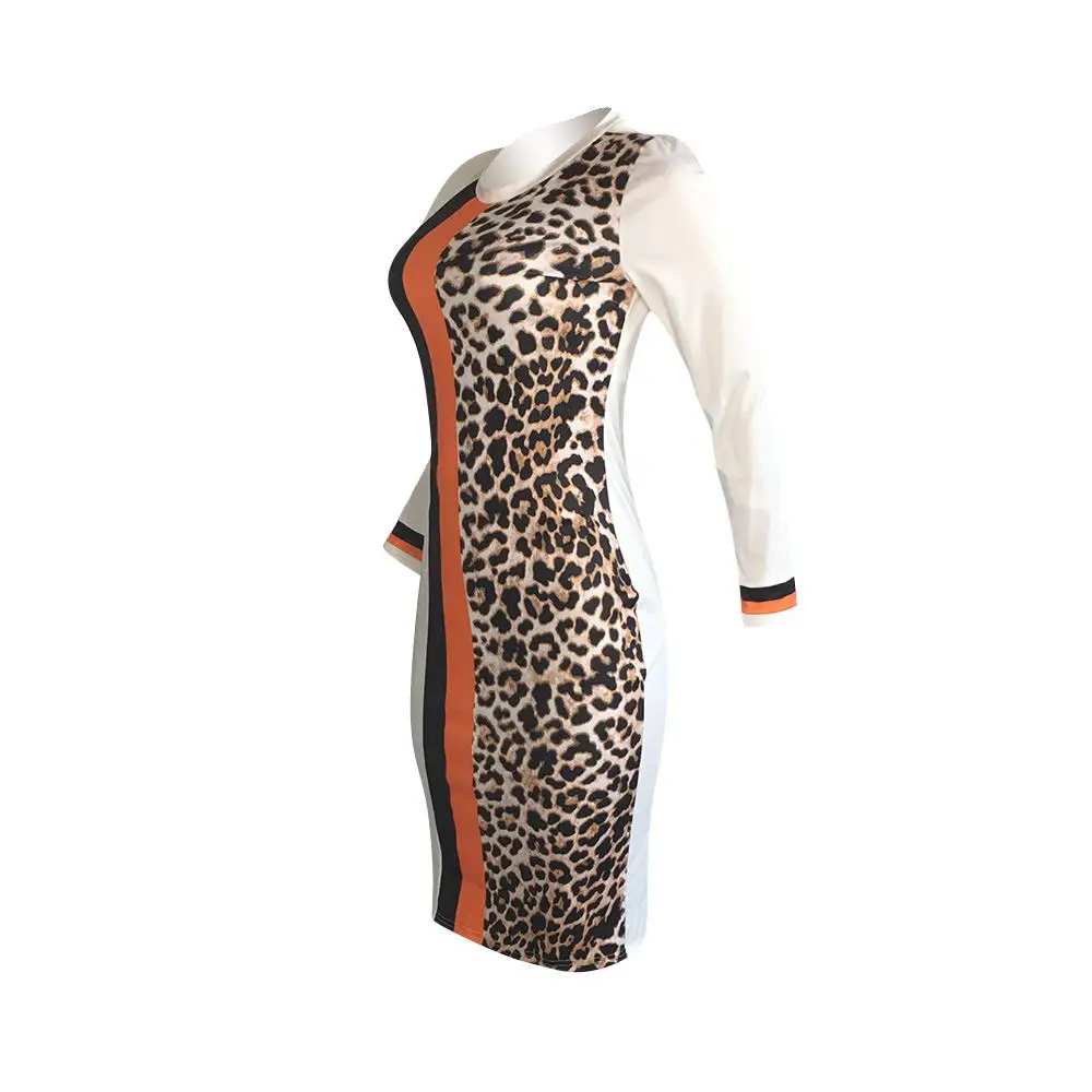 GL Для женщин на осень-зиму длинный рукав платье миди с леопардовым принтом Высокая талия с О-образным вырезом пикантное, Клубное, вечернее вечерние бандажные платья GLp8435