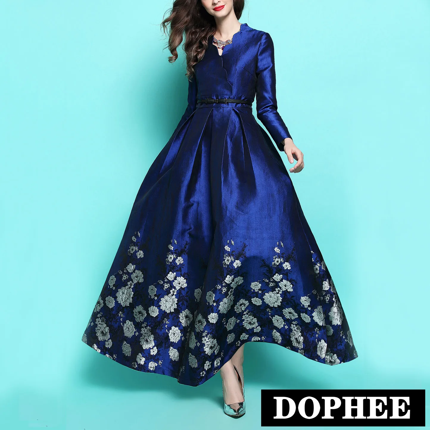 New Fashion Spring And Autumn Blue Floral Jacquard Long Sleeve Slim