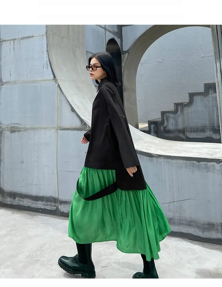 XITAO Patchwork Dress Fashion New Women Single Breast Patchwork Plated Hem 2020 Autumn Minority Casual Style Loose Dress ZP3457