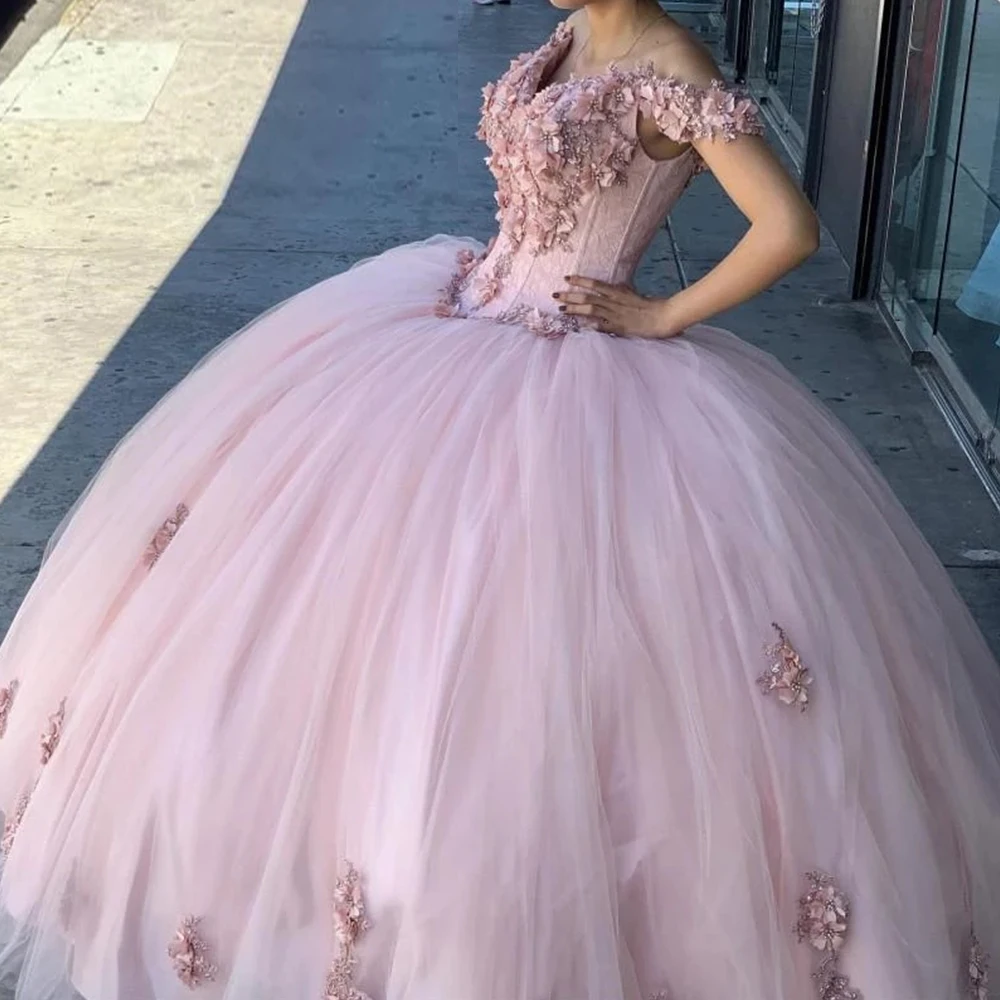 Sweet 16 Pink Quinceanera Dresses With Lace Applique Off Shoulder Ball Gown  Prom