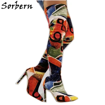 

Sorbern Vintage Oil Painting Boots Ladies Mid Thigh High Over The Knee Boot High Heel Pointed Toes Custom Wide Slim Fit Legs
