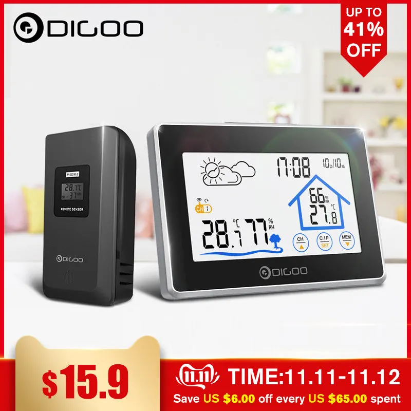 Billig Digoo DG TH8380 Touch Indoor Outdoor Wetter Station + 100m Prognose Sensor Thermometer Hygrometer Meter Kalender 3CH Hintergrundbeleuchtung