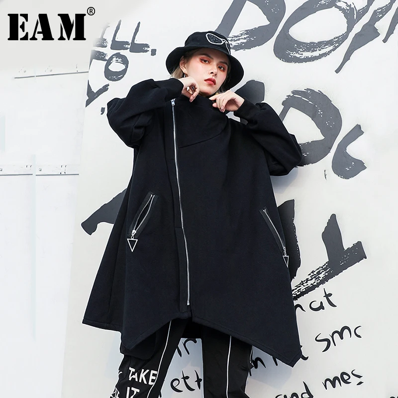 awesome  [EAM] Loose Fit Zipper Asymmetrical Big Size Jacket New Hooded Long Sleeve Women Coat Fashion Tide 
