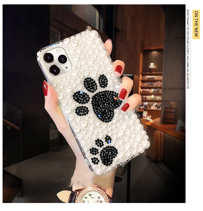 

Fashion Full Pearl Diamond Lovely Cute Cat's Paw Case Cover For Samsung Galaxy Note 20 10 9 8 S21 S20 FE Ultra S10E S10/9/8 Plus