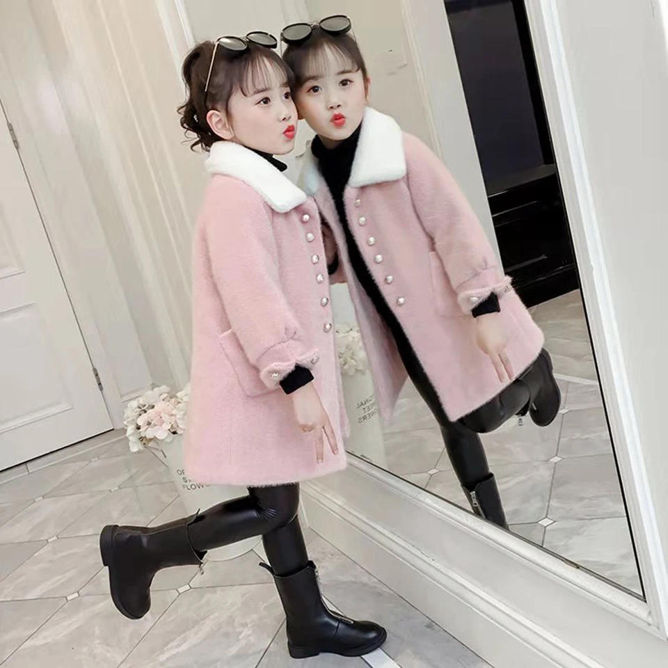 Fashion New Wool Kids Girls Jackets Turn-down Collar Coat Autumn Winter Children Clothes Thick Girls Outerwear For 3-12