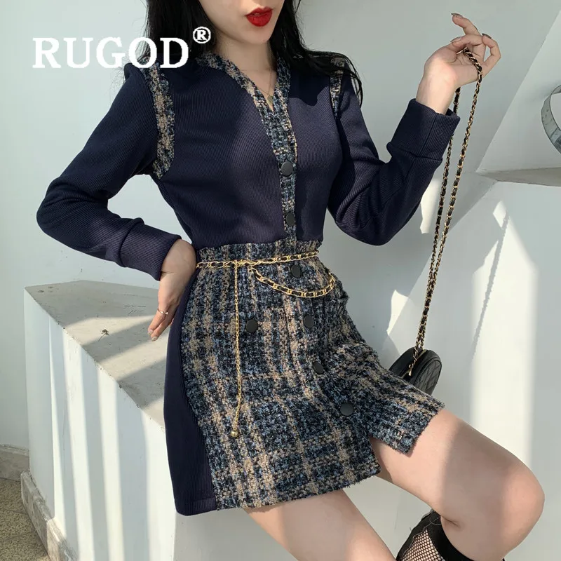 RUGOD винтажное лоскутное клетчатое платье женское модное платье-туника с v-образным вырезом и длинным рукавом с золотым поясом офисное женское платье вязаное платье