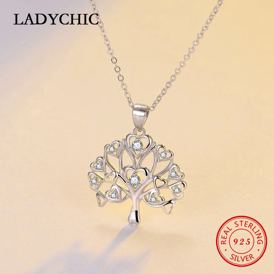 LADYCHIC, классический, 925 пробы, серебряный, дерево жизни, круглый кулон для женщин, мама, прозрачный, CZ, массивное ожерелье, хорошее ювелирное изделие, LNS1041