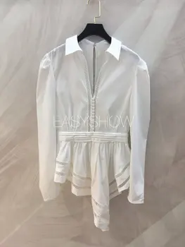 

W 144 White hollowed-out hollowed-out shirt with lapel without shoulder pads