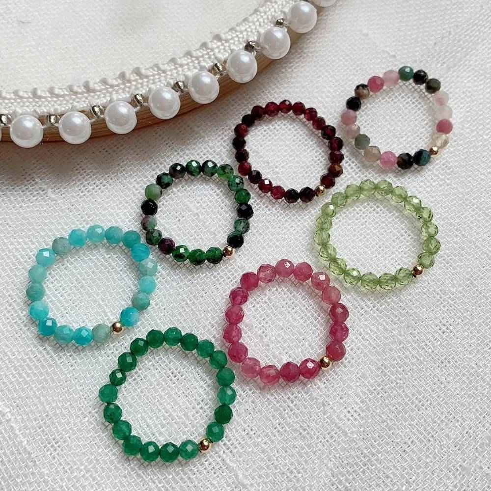 Womens Ring Natural Crystal Rings for Women Small Beads Shiny Quartz Garnets Agates Pink Tourmaline Minimalism Elastic Adjustable Ring Boho
