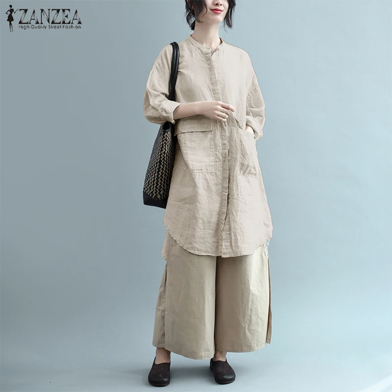 ZANZEA женские ретро Длинные рубашки с длинным рукавом и пуговицами Vestido Весенняя хлопковая льняная блузка винтажная Туника Топы Femme Blusas 5XL
