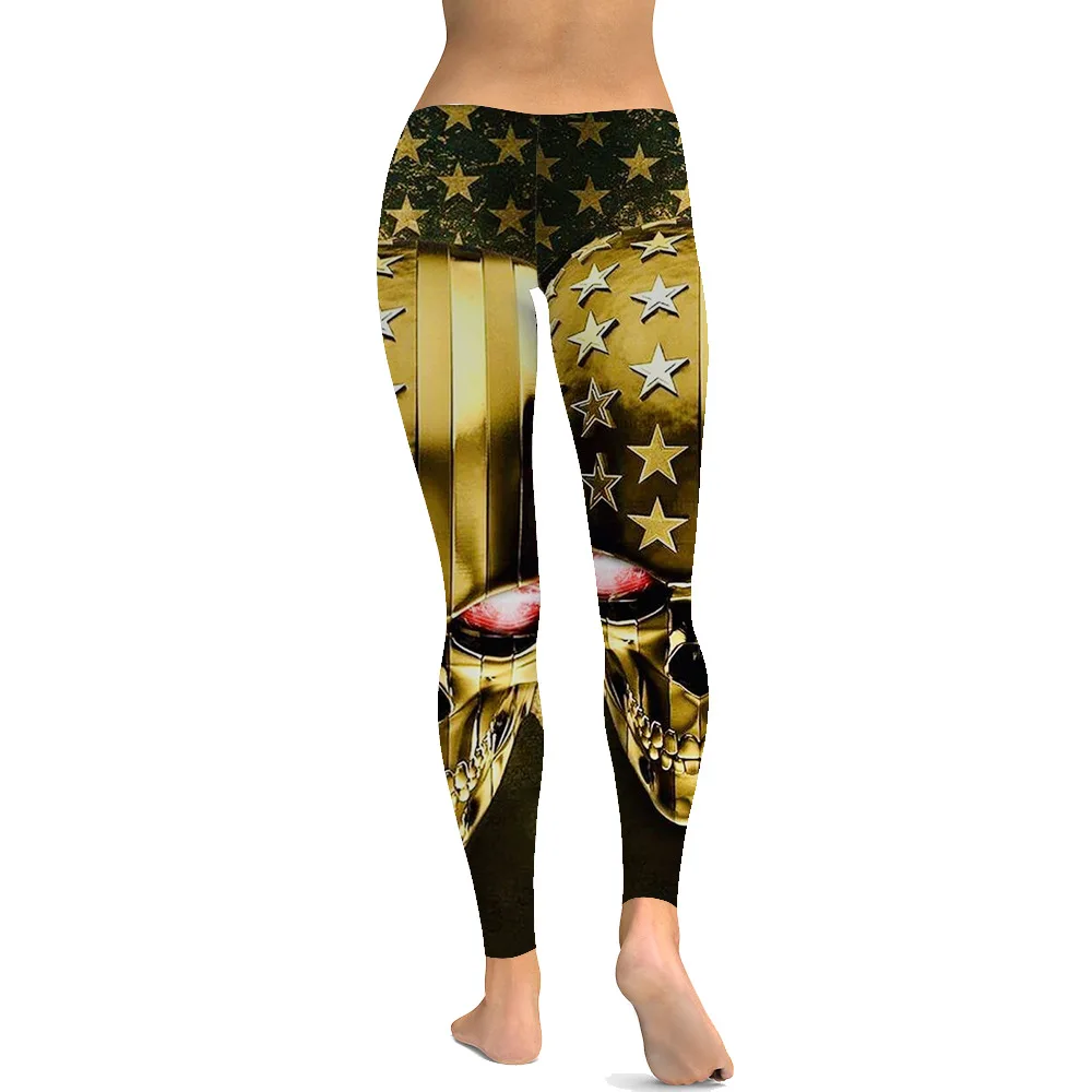 LEIMOLIS sexy gothic Golden Skull Stars print push up leggings plus size women fitness workout punk high waist spandex leggins