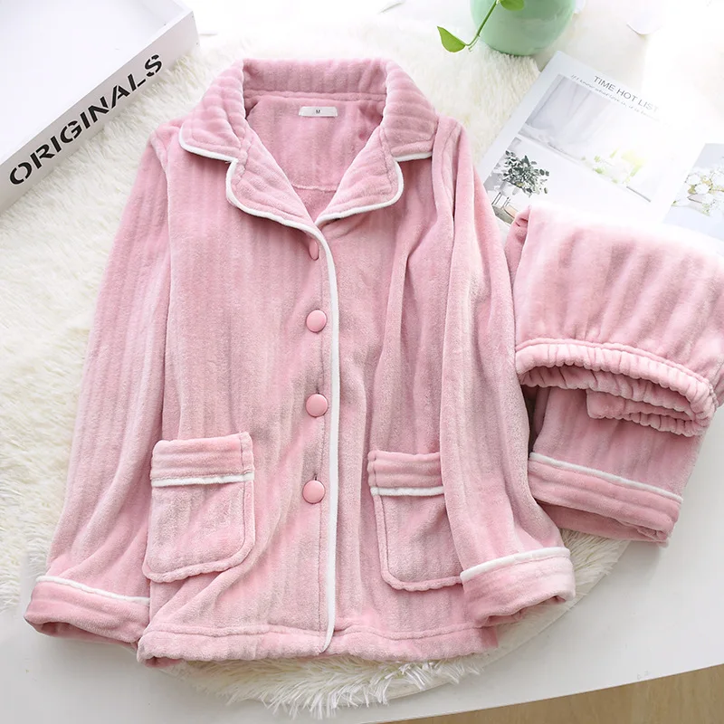 women Pink Зимняя Фланелевая пижама, комплект для пары, розовая утолщенная теплая Пижама, одноцветная бархатная Пижама для женщин, домашняя одежда - Цвет: women Pink
