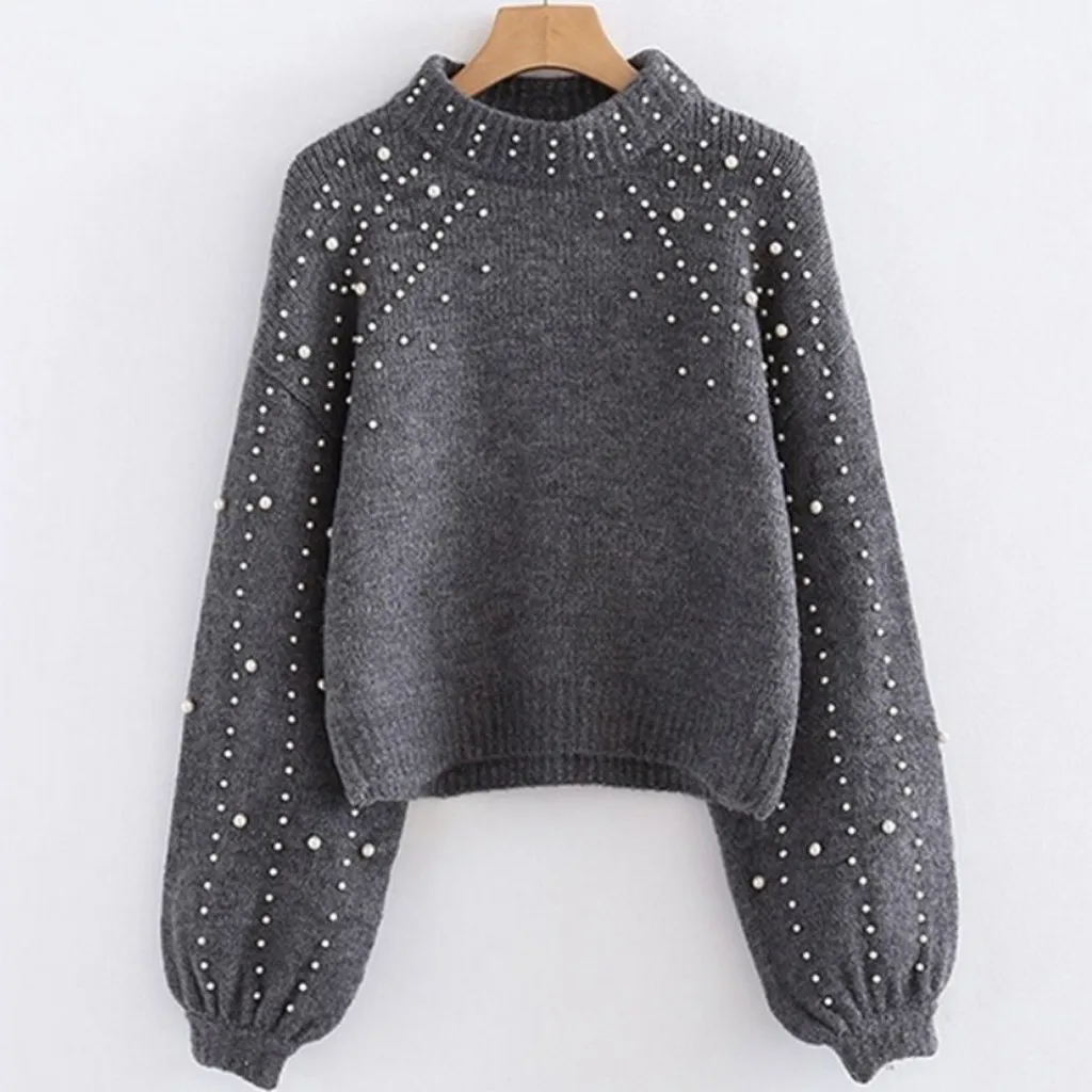 Женский свитер, Женский Повседневный свитер, крупной вязки, длинный рукав, круглый вырез, пуловер, однотонный теплый свитер с жемчугом#45 - Цвет: Gray