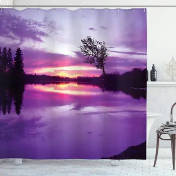 

Landscape Shower Curtain Abstract Composition with Purple Shade Skies and Tree Silhouettes Bathroom Decor Set with Hooks 70"