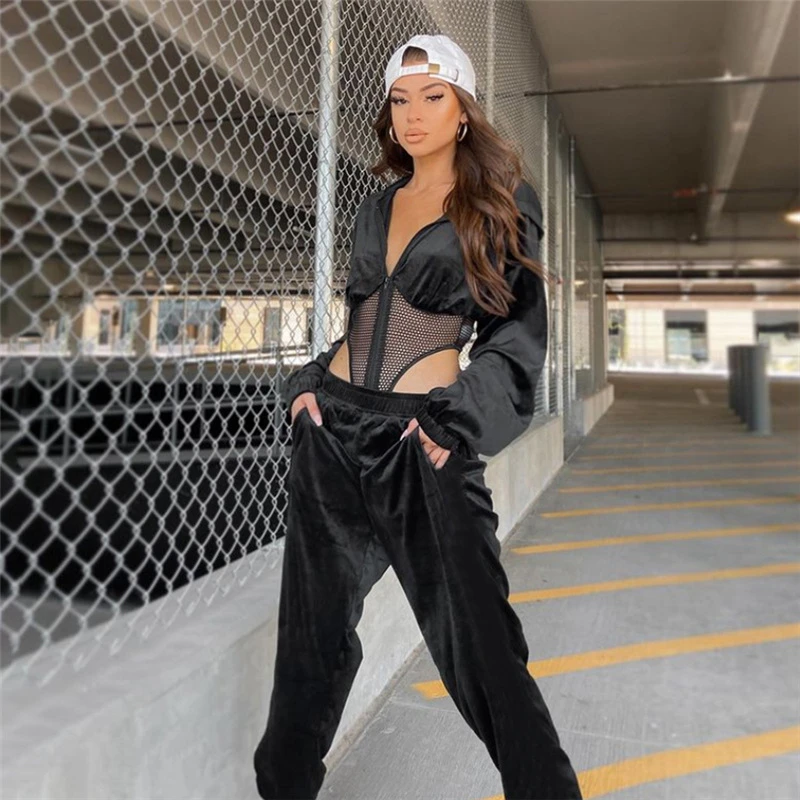 Avv 21 New Autumn Fashion Women Black Velvet Mesh Sporty Outfits Long Sleeve Hooded Bodysuit And Pants Two Piece Matching Sets Pant Suits Aliexpress