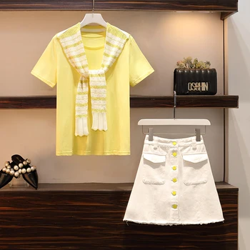 

Sweet Fake Knitted Shawl Two Pieces Yellow Tshirt Suits 2 piece set Women Summer New Striped Patchwork Tee and White Skirts Suit