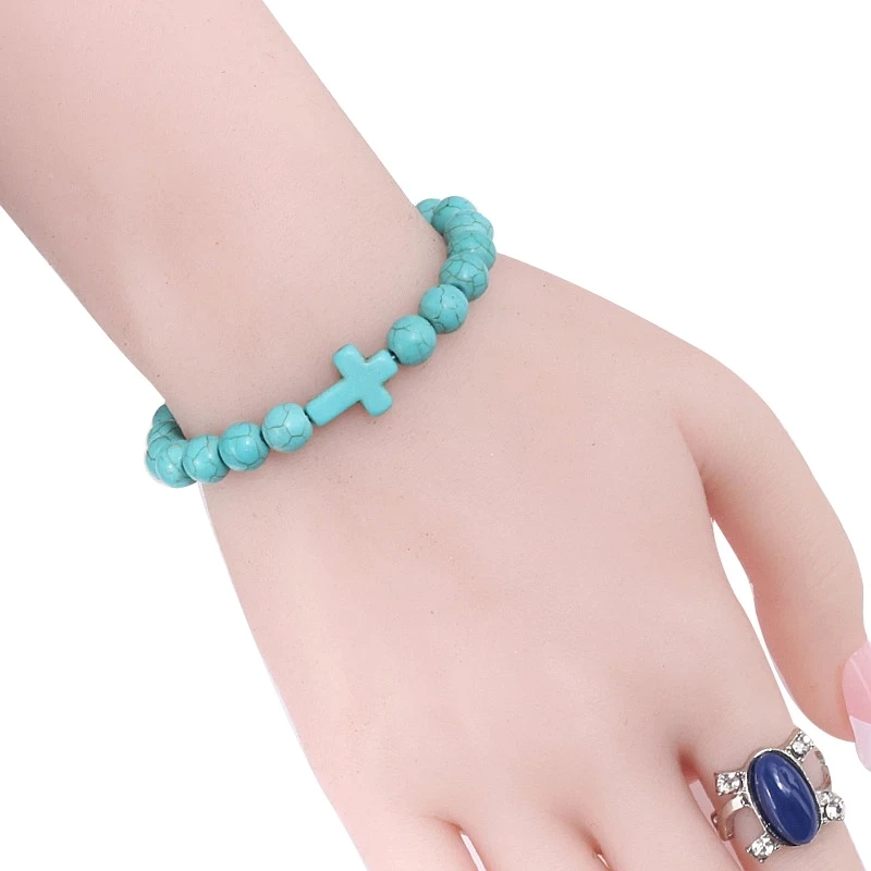 Natural Stone Bracelet Jesus Cross Blue Pine Black Lava Beaded for Women