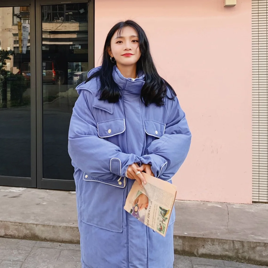 

Photo Shoot Main Push CHIC College Style Contrast Color Drawstring Waist Hugging Thick Stand Collar Hooded down Coat Cotton Over