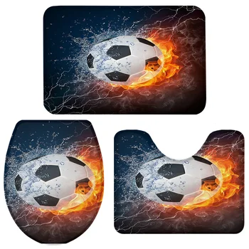 

3 Pieces Bathroom Set Soccer Football Game Bath Set Toilet Cover Mat Pedestal Rug Non-Slip Bathroom Rug Set