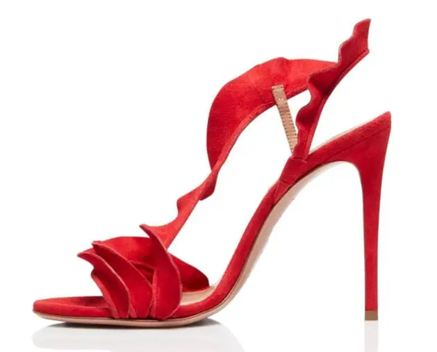 

Drop Shipping Woman Open Toe Elastic Band Stiletto Heels Red Nude Suede Ruffles Sandals Elegant Party Wedding Shoes Lady
