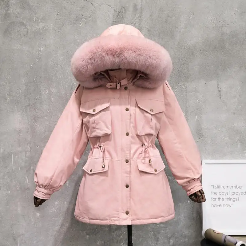 Женская зимняя куртка теплая парка мода зима настоящий большой мех енота воротник длинный белый пуховик женский регулируемый пояс - Цвет: Pink Pink fur