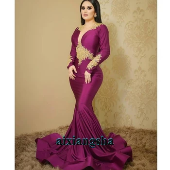 

Purple Mermaid Spandex Evening Dresses Golden Appliques Prom Celebrity Robe De Soiree Wedding Engage Party Custom Made