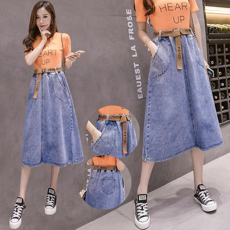 

2019 Spring And Autumn Korean-style New Style Medium-length Dress Fat Mm Denim Skirt Women's High-waisted Slimming A- line Skirt