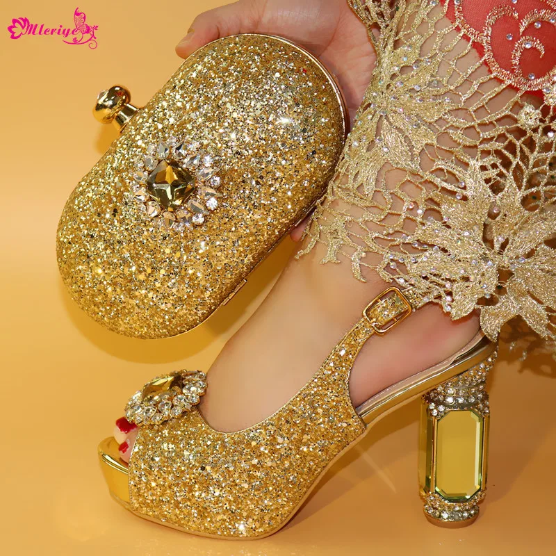 

Gold Color Italian Decorated With Rhinestone Shoes And Bag Set Nigerian Women Wedding Shoes and Bag Set
