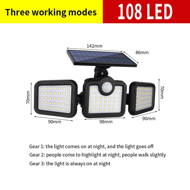 20w Solar Lights 108/122/138 LED Waterproof Outdoor Indoor Solar Lamp With Motion Sensor Adjustable Head Wide Lighting Angle 108LED