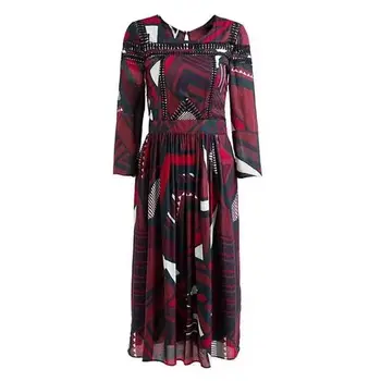 

Women Dress Red Round Neck Splicing Cutout Long Sleeve Geometric Pattern Long Dress