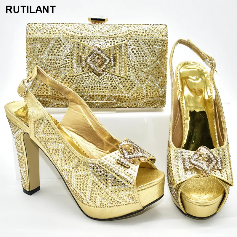 

New Italian Shoes with Matching Bags for Wedding Italy Summer Shoes Big Size African Shoe and Bag Set Decorated with Rhinestone