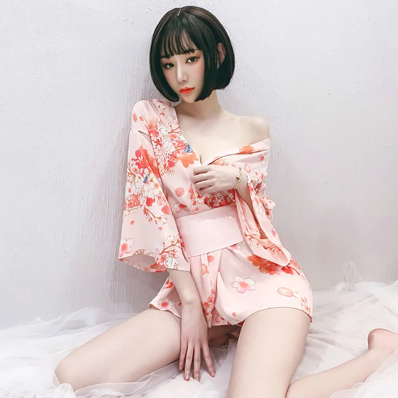 

Women Pajama Sets Exotic Sexy Lingerie Nylon Nightgown Dress Porn Erotic Japanese Uniform Printed Fabric Sakura Kimono Sleepwear