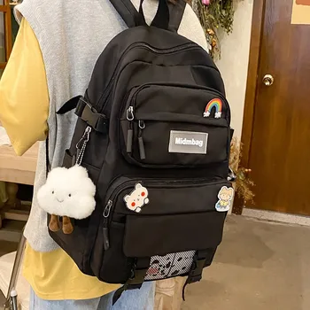 Cute Badge Women Backpack Harajuku Fashion Female Student Girls School Bag Large Capacity Light Travel Knapsack 2