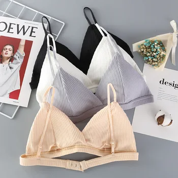 Women Cotton Push-Up Bra Ribbed Triangle Cup Bralette Wire-Free Bras Ladies Sexy Lingerie Simple Low Back Single Hook Underwear 1
