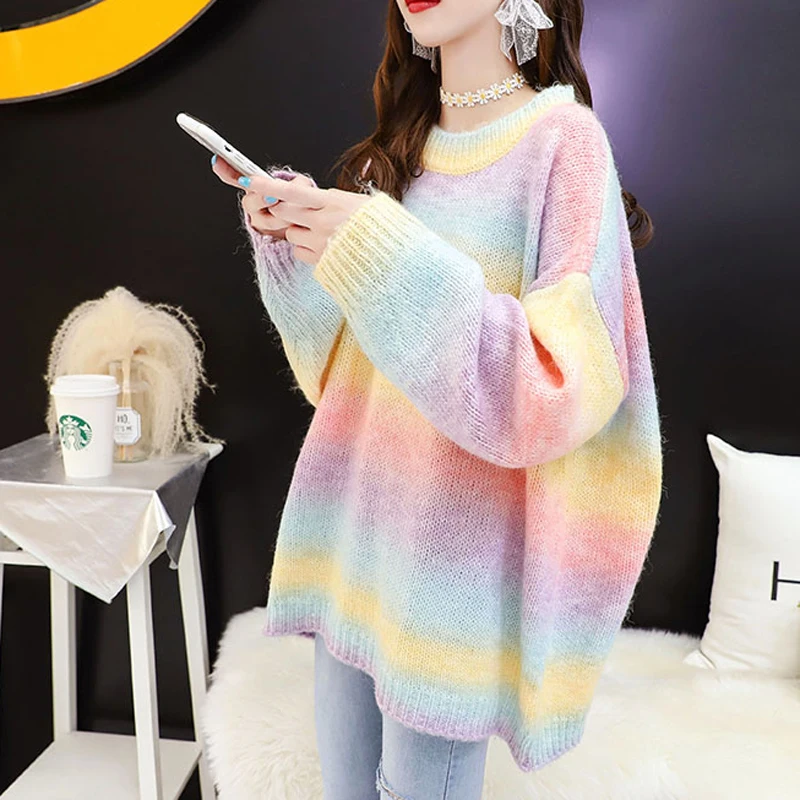Милый женский свитер JMPRS пуловер Радужный японский вязаный джемпер свободный