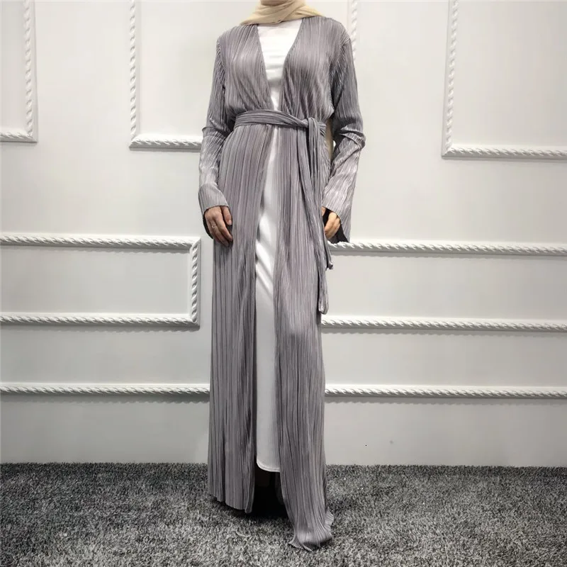 LIGHT GRAY Элегантное мусульманское Плиссированное Платье-туника абайя, кардиган с расклешенными рукавами, длинный халат, Рамадан, арабское исламское платье, одежда для поклонения - Цвет: LIGHT GRAY