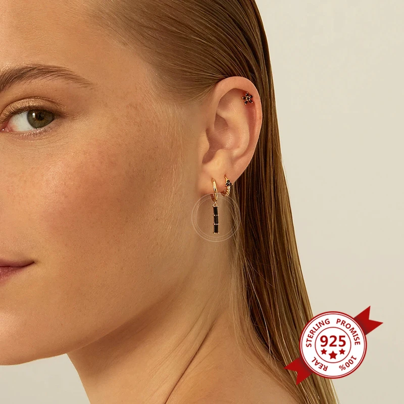 Three color Black/White/Rose Red Zircon Pendant 925 Sterling Silver Small Hoop Earrings for Women Simple Round Circle Earrings - Image 2