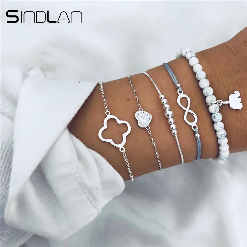 

Sindlan 5PCs Silver Elephant White Bead Bracelets for Women Crystal Heart Infinity Charm Bangles Bracelet Set Gifts for Girls