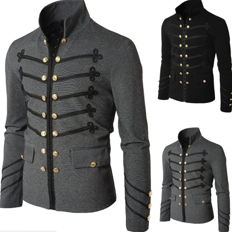 Steampunk Men Vintage Coat Long Sleeve Military Uniform Coat Gothic Male Autumn Stand Collar Jacket Outerwear