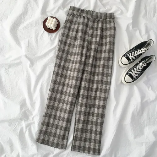 khaki pants Woherb осень зима новые клетчатые брюки с высокой талией Прямые винтажные брюки женские повседневные модные широкие брюки корейский стиль 91274 - Цвет: khaki pants