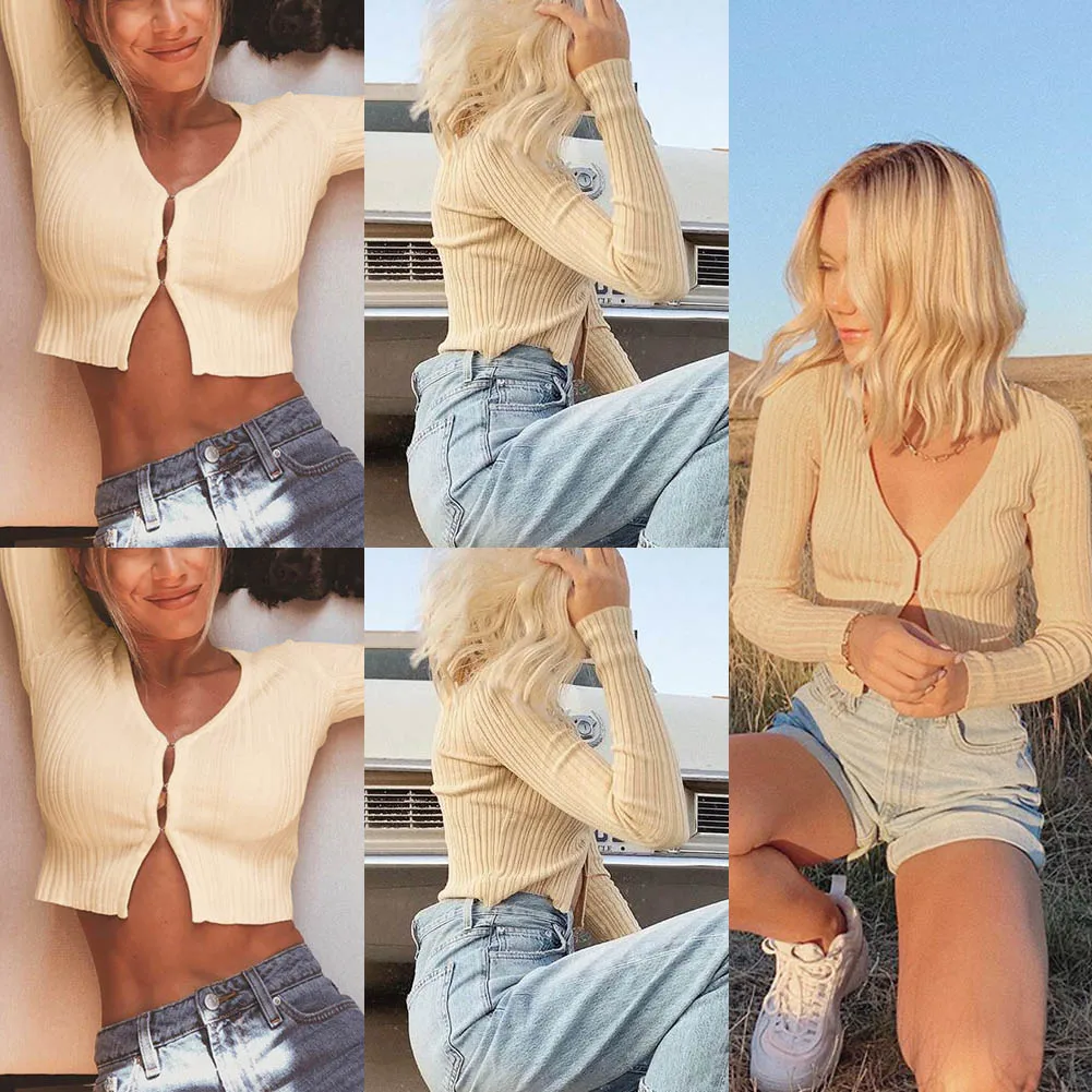 

Womens Fashion Long Sleeve V-Neck Sexy Knitted Tops Cropped Button Down Open Classic Sweater Cotton Knit Cardigan